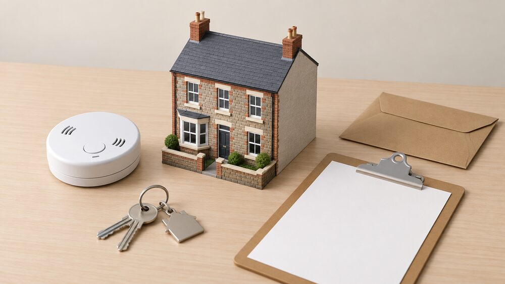 A small model of a Welsh terraced rented house sits on a table beside a round carbon monoxide alarm, a clipboard with a blank checklist, a set of house keys and a brown envelope, all arranged as a landlord preparing to let a home.
