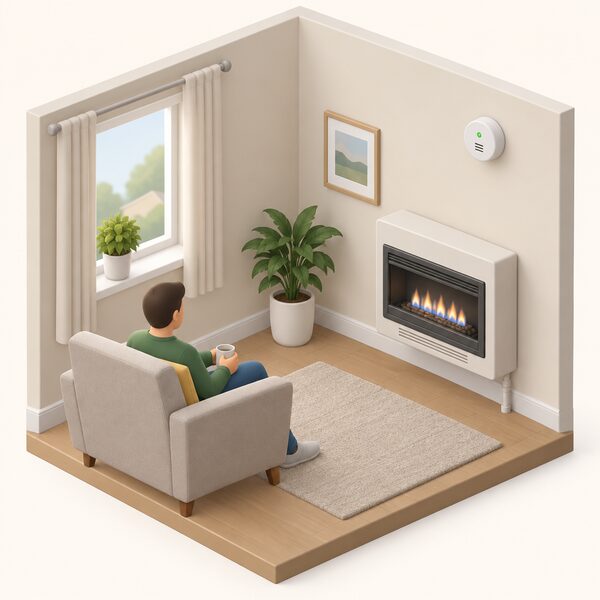 A carbon monoxide alarm mounted on the wall or ceiling of a rented room, positioned near a gas appliance such as a wall-mounted gas fire or gas boiler, shown as a small round device with a simple indicator light.