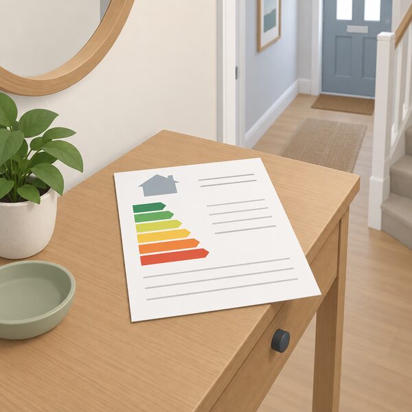 A printed energy efficiency certificate sheet lying on a table in a rented home's hallway, shown as a physical document with a plain colour band for the rating band and blank lines for property details, with no readable words or numbers.