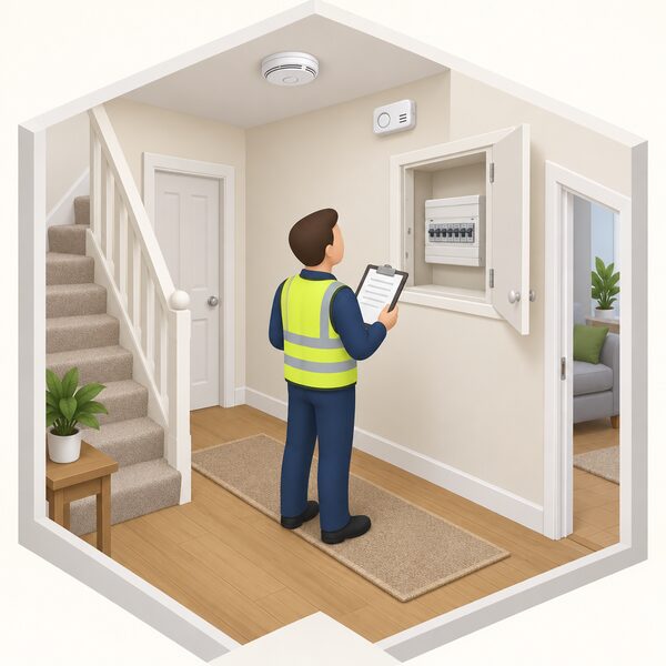 A surveyor with a clipboard inspecting the hallway of a Welsh rented home before letting, checking a carbon monoxide alarm mounted on the wall near the ceiling and the electrical consumer unit in its cupboard, with a smoke alarm also visible.