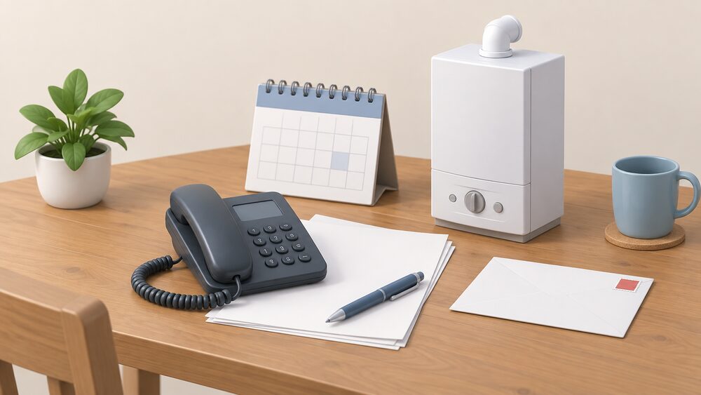 A small arrangement on a kitchen table showing the moment of contacting a gas supplier: a telephone resting on blank paperwork beside a wall calendar and a stamped envelope, with a small model of a domestic gas boiler standing next to the papers.