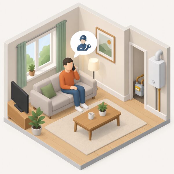 A simplified isometric householder sits in their living room holding a phone to their ear, booking a free annual gas safety check, with a gas meter and a wall-mounted gas appliance visible in the same home setting to show the check being arranged for this household.
