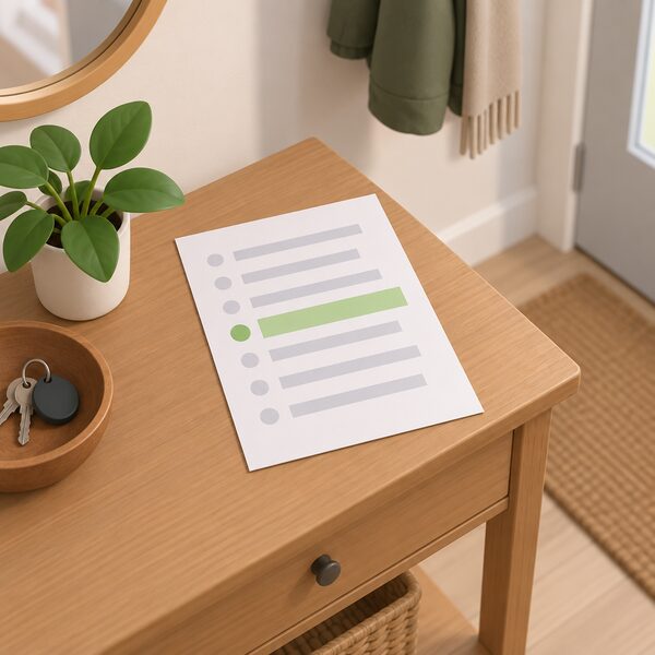 A printed Priority Services Register services list lying on a table in a home hallway, drawn as a physical sheet with plain unlabelled line items, one item highlighted with a colour band to represent the free gas appliance safety check among the other listed services.