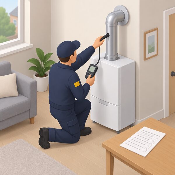 A Gas Safe registered engineer kneels beside a gas appliance in a rented home, inspecting its flue with a testing instrument while a Gas Safety Certificate record lies on a nearby table.