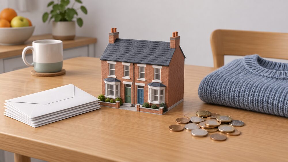 A small model of a terraced house sits on a kitchen table beside a stack of blank envelopes, a loose pile of coins and a folded knitted jumper, suggesting a household weighing heating costs against income.