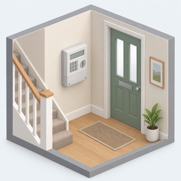A domestic prepayment electricity meter mounted on an interior wall of a home, with a coin-sized slot and a small keypad, shown as a simple cutaway scene of the hallway where the meter sits, representing the household energy spending the fuel poverty gap measures.