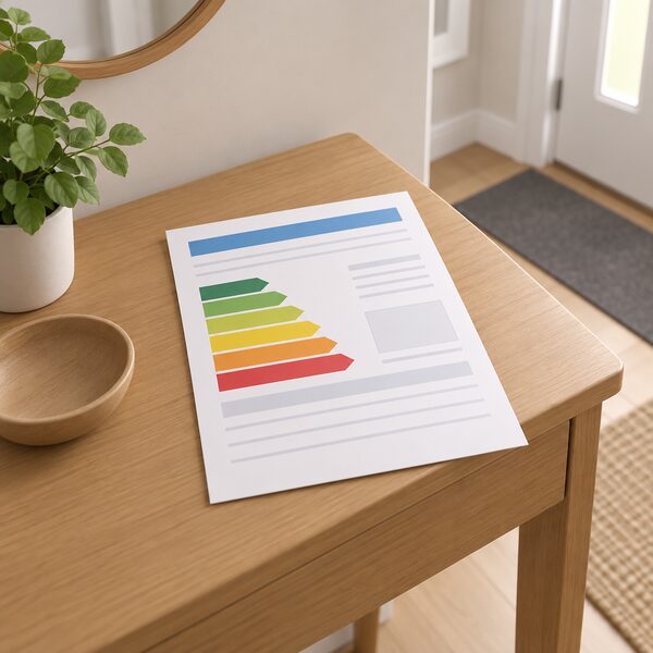 A physical Energy Performance Certificate sheet lying on a table in a home's hallway, shown as a printed document with a plain colour band chart of efficiency bands and blank lines, with no readable words or numbers.