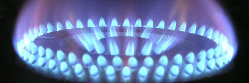 A close-up of a lit blue gas burner flame on a gas hob