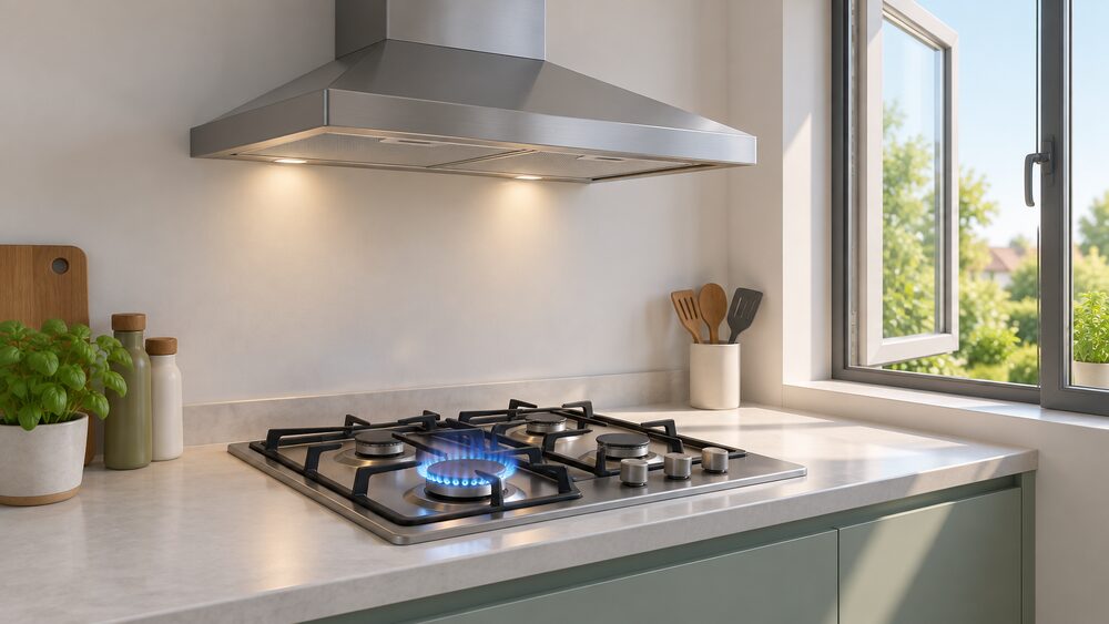 A close-up of a gas hob in a kitchen with one burner lit showing a crisp blue flame, a ducted extractor hood directly above it, and a window open beside the hob for ventilation.