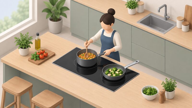 A simplified isometric kitchen scene showing an induction hob set into a worktop with two pans sitting flat on its heating zones, one holding a small isometric figure stirring, and no flame or combustion anywhere.