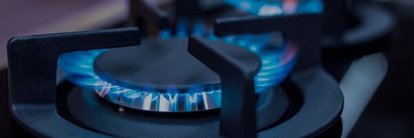 A close-up of a lit gas hob burner with blue flames on a gas cooker