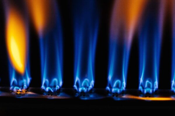 Close-up of blue and orange gas burner flames on a gas hob