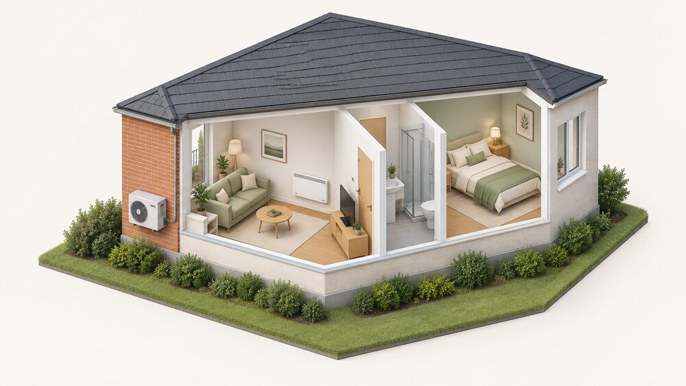 A cutaway view of a small flat showing an electric panel heater on an interior living room wall, with an air source heat pump outdoor unit mounted on the external wall outside the flat, connected through the wall to the indoor heating.