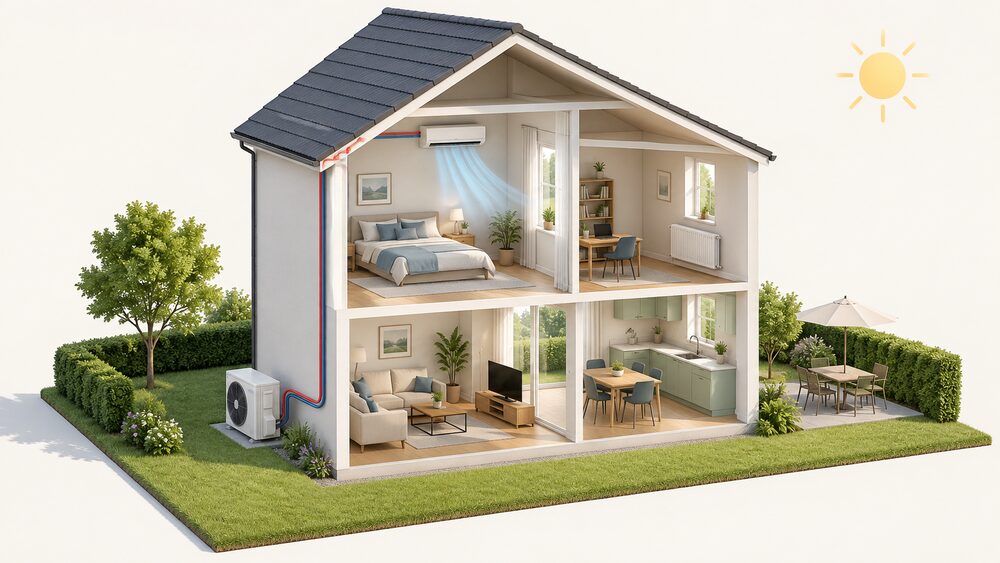 A cutaway house on a hot summer day with an air source heat pump unit standing on the ground outside the rear wall, connected by pipes through the wall to an indoor fan coil unit high on an inside wall gently cooling the room, while a radiator on another wall sits unused.