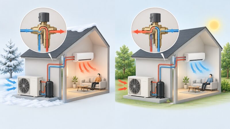 A cutaway diagram of one heat pump outdoor unit and indoor unit connected by a refrigerant circuit, with a reversing valve shown in two positions: one sending heat into the home in winter, one rejecting indoor heat outside in summer.