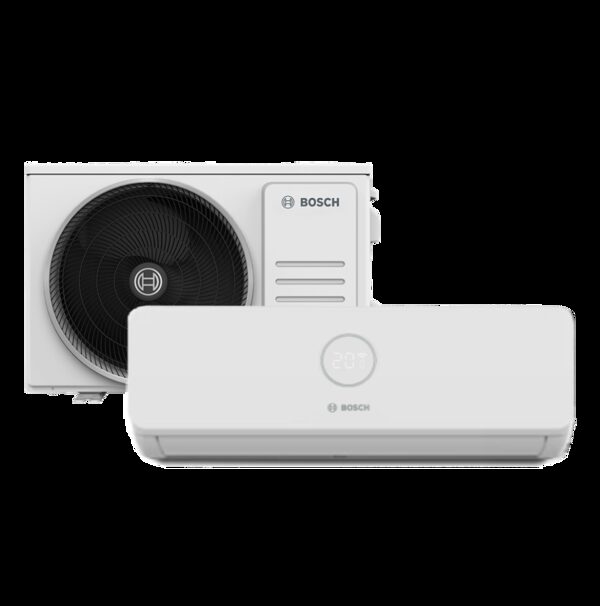 A Bosch air-to-air heat pump shown as an outdoor fan unit and white wall-mounted indoor unit on a plain background
