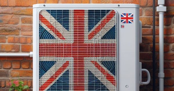 An air source heat pump mounted on a brick wall with a Union Jack design on its fan grille