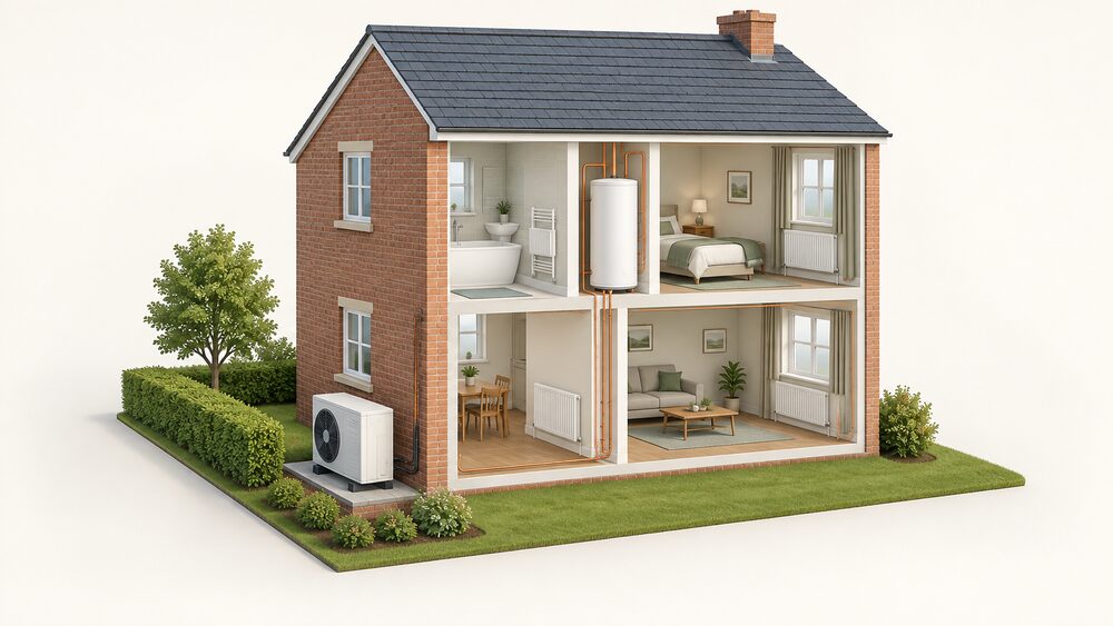A cutaway of a solid brick-walled house showing an air source heat pump unit standing outside on the ground, a hot water cylinder and larger radiators inside, with the thick solid external wall shown in section between them.