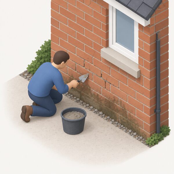 A small isometric figure in plain clothing kneels at the base of an external solid wall of a house, using a trowel to repoint cracked mortar joints while a patch of rising damp is visible on the lower wall above the ground line, before any insulation is applied.