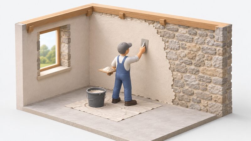 A simplified figure in work clothes trowels lime plaster onto an exposed interior solid stone wall, smoothing a fresh pale coat over the uneven masonry, with a bucket of plaster and a hawk nearby and part of the wall left bare to show the stone beneath.
