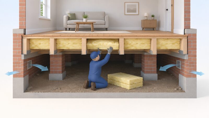 A worker in the ventilated under-floor void beneath a suspended timber ground floor, fitting insulation between the joists up against the underside of the floorboards, with the floorboards and room above shown in cutaway.