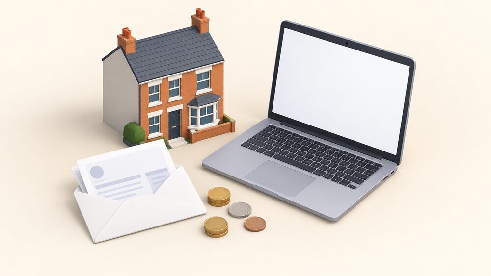 A small model of a terraced house sits beside a laptop with a blank screen showing an online eligibility form, with a plain white envelope holding an electricity bill and a few coins resting on the table between them.