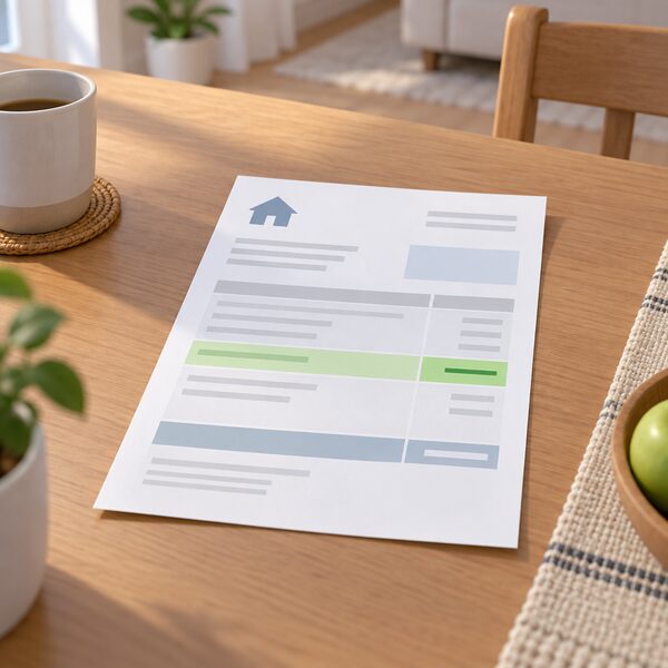 A domestic electricity bill lying flat on a table in a home, shown as a physical paper document with a highlighted rebate line indicating the discount applied to the account, with no readable words or figures anywhere on it.
