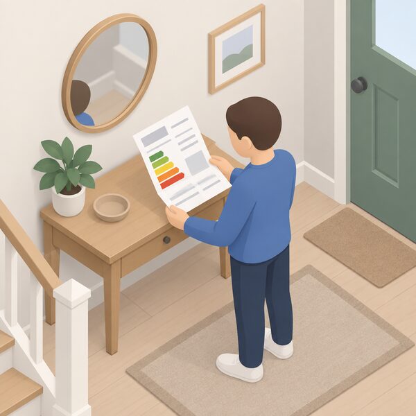A folded Energy Performance Certificate document lying on a table in a home hallway, shown as a physical sheet with a plain colour band chart of rating bands and blank lines instead of readable text, with a simplified isometric figure standing beside the table holding the paper.