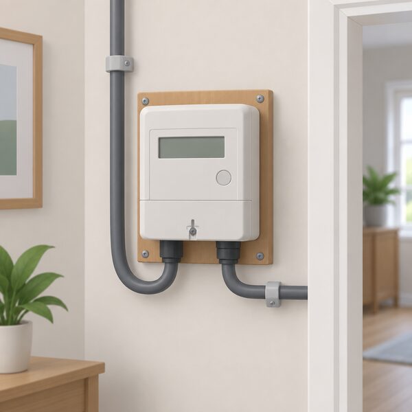 A domestic electricity meter mounted on an inside wall of a home, shown in a simple cutaway with its display and connections, as the device that records the units of electricity a household uses on its bill.