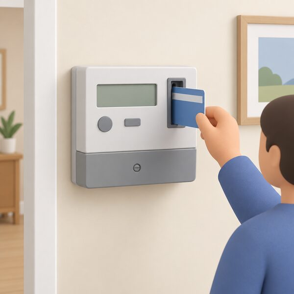 A domestic prepayment electricity meter mounted on a wall inside a home, shown close up with its key or card slot prominent and a card or key inserted or held beside it, with the meter display shown only as plain blank blocks.