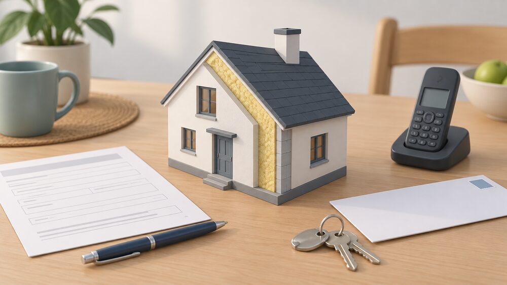 A small model of a solid-walled house with thick insulation layers on its walls sits on a kitchen table beside a blank application form, a telephone handset, a pen and a set of house keys, with an envelope ready to post.