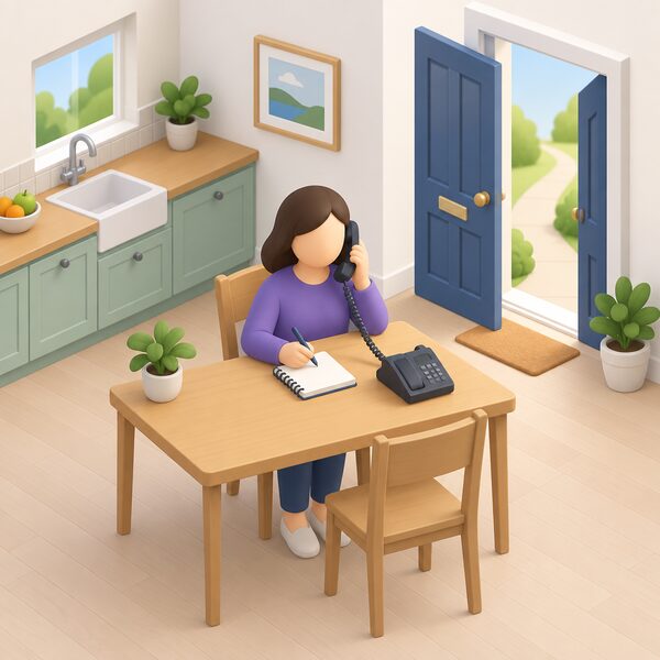 A householder seated at a kitchen table in a Northern Ireland home speaks on a telephone, with a notepad and pen beside them, while a stylised doorway behind them suggests the advice service as a front door to further help.