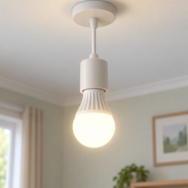 A close-up of a single LED light bulb with its distinctive finned plastic base and frosted dome, screwed into an ordinary ceiling pendant lamp fitting in a domestic room, glowing softly to show it in use as one of the programme's funded energy-saving measures.