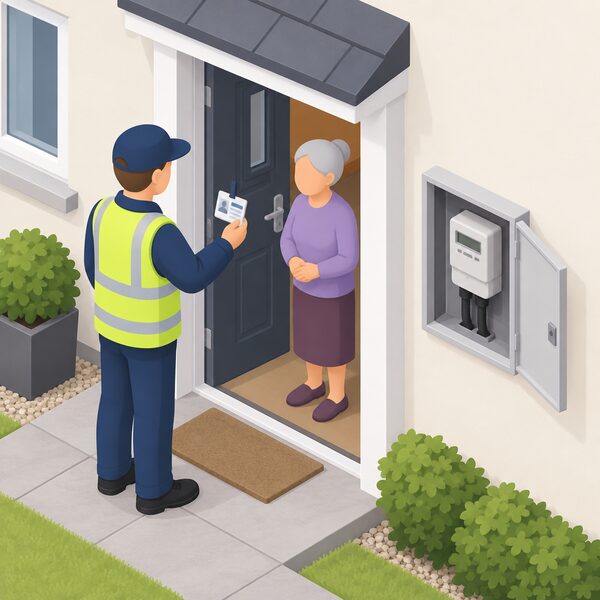 An isometric scene of a home's exterior electricity supply point with the meter cabinet open, while a supplier representative stands at the front door holding an identification card, showing the free Priority Services Register support a power supplier provides to a household.