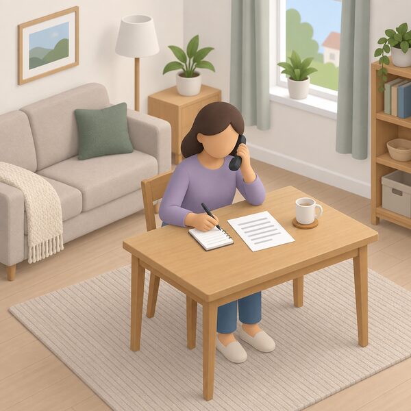 A simplified isometric figure sits at a table in a modest home living room holding a telephone handset to their ear, with a paper bill and a notepad beside them, making a free advice call about energy bills and keeping warm.