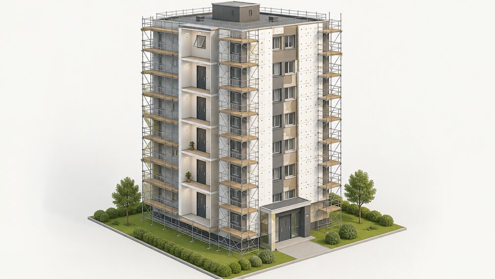 A tall residential tower block seen from the street, wrapped in scaffolding, with external wall insulation panels being fixed to its facade and a new flat entrance fire door and an automatic opening vent visible at ground level, the whole building treated as one project.