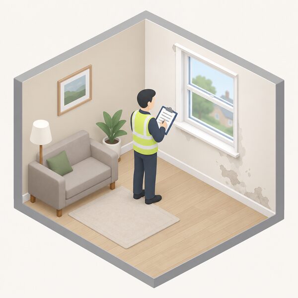 A surveyor with a clipboard standing inside a modest flat, inspecting and noting the condition of a window and wall while recording details on the survey form.