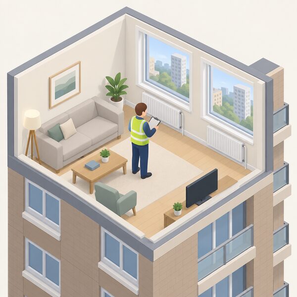 A simplified isometric energy assessor standing inside a high-rise flat's living room, clipboard in hand, surveying the room's heating and glazing as part of a pre-retrofit assessment that feeds EPC ratings and funding schemes.