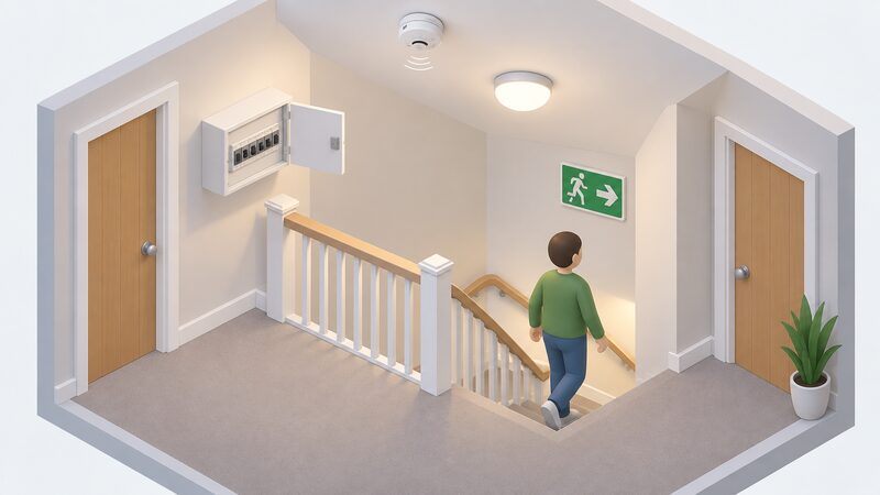 An isometric shared-house landing where a ceiling-mounted smoke alarm, a wall consumer unit with its door open, a stair escape route marked by a plain sign and landing lighting are all visible as shared common parts.