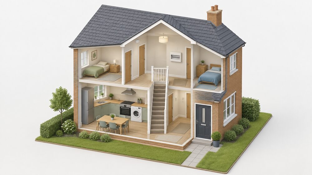 A cutaway of a small shared house showing a shared kitchen with a cooker, washing machine and fridge in common use, a hallway with a landing light and smoke alarm, and a consumer unit on a wall of the common parts, all kept in safe repair by the manager.