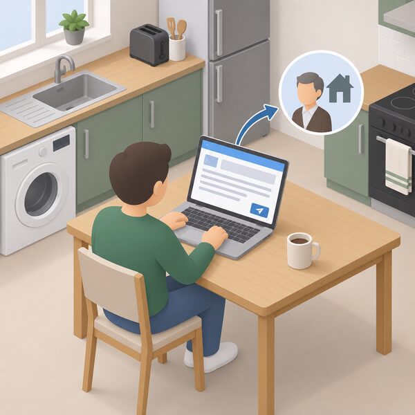 A laptop on a table in a shared house kitchen shows an email screen with a date line at the top and plain blank lines standing in for the message naming the room, the appliance and the fault, with a simplified isometric tenant figure seated sending it to a landlord.