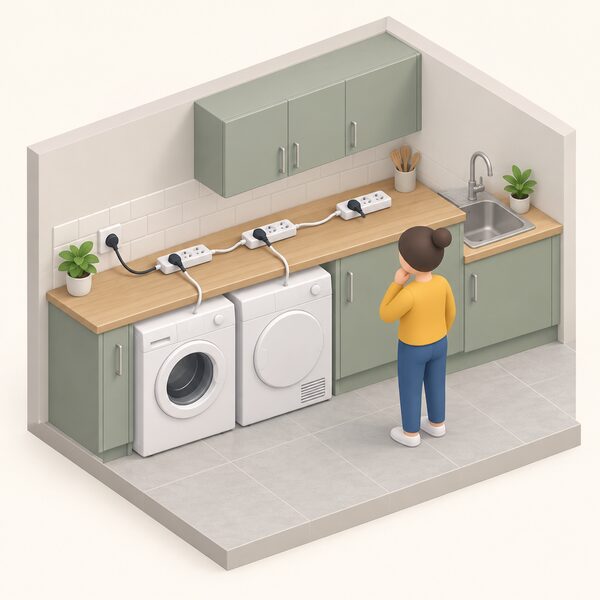 An isometric shared kitchen where a washing machine and a tumble dryer beside it are both plugged into a chain of extension leads linked one into the next and draped across the worktop, with a small simplified figure standing at the worktop noticing the overloaded setup.