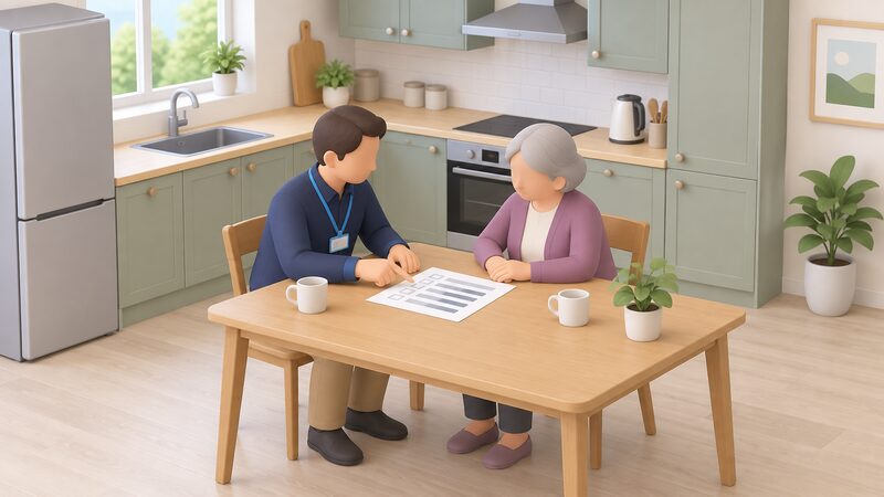 A home improvement agency caseworker and an older homeowner sit together at a kitchen table, the caseworker pointing to a printed schedule of repair works laid out between them as they discuss the planned jobs.