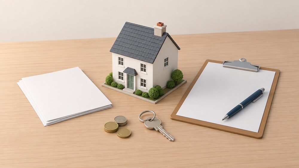 A small model house sits on a table beside blank application paperwork, a clipboard with a pen, a house key and a few coins, suggesting a homeowner applying for help with essential repairs and heating improvements.