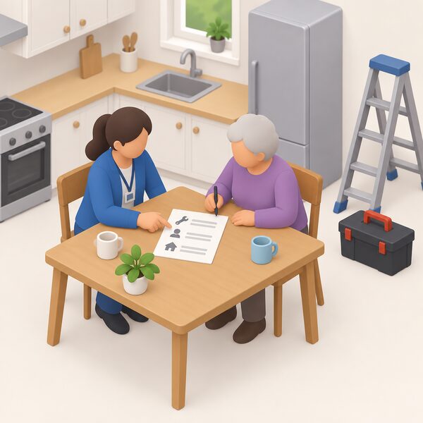 A caseworker sits beside an older homeowner at a kitchen table, pointing at a printed sheet of repair contacts while the homeowner holds a pen, with a small ladder and toolbox nearby suggesting the repair work to be arranged.