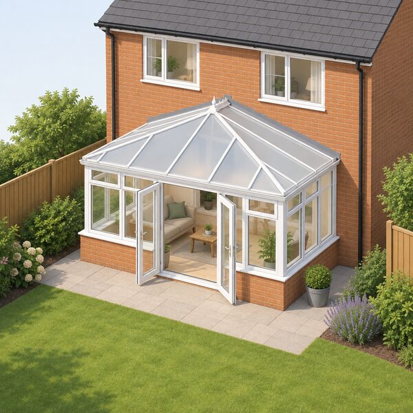 A completed conservatory with glazed walls and a translucent roof built onto the back of a brick house, shown from the garden with its doors leading into the home, illustrating a work the non-eligible list rules out of the loan schemes.