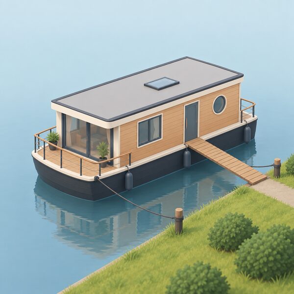 A simple houseboat moored on calm water with a short gangplank to the bank, drawn as a plain example of a non-permanent home that cannot receive loan assistance, with no people or equipment shown.