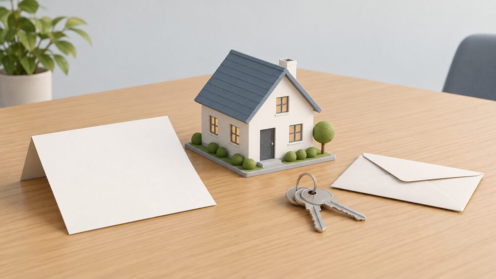 A small model house standing on a table beside a blank folded certificate document, a set of house keys and a plain envelope, arranged as the moment a home's energy assessment is handed over.
