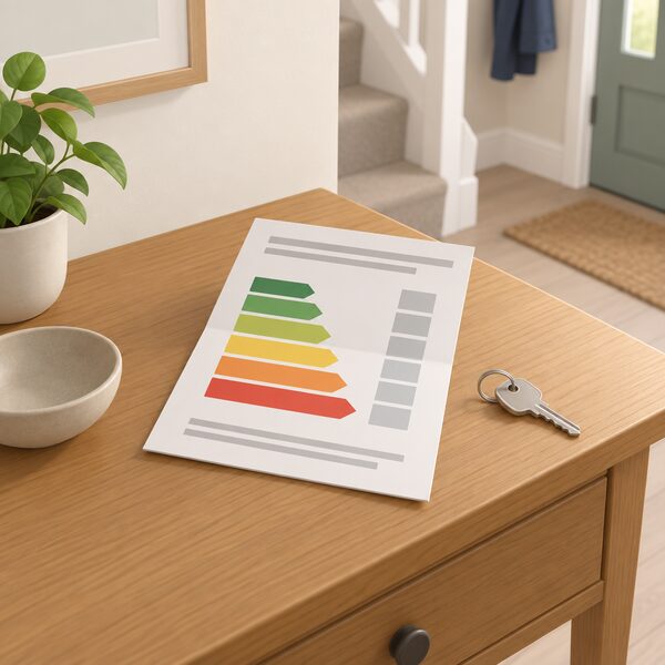 A folded paper energy performance certificate lying on a table in a home's hallway, its front showing a plain colour-banded rating chart with blank blocks instead of letters or numbers, beside a house key, with no people present.