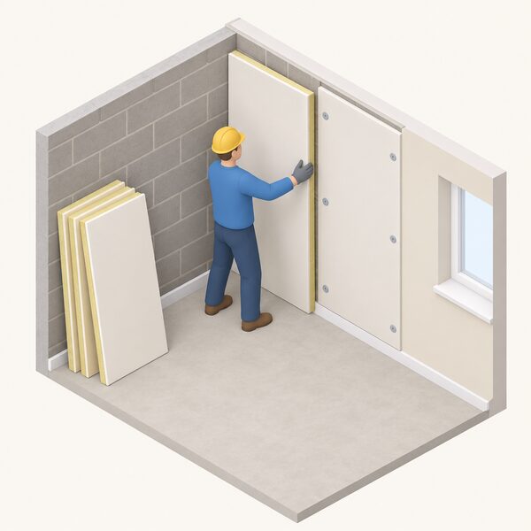 An installer fixing a ready-made insulation board to the inside face of a solid wall in a room, with several boards leaning nearby and fixings holding a board already fitted to the wall.